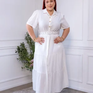 Maxi Vestido Curvy Camisero Lino Algodón Blanco con Forro