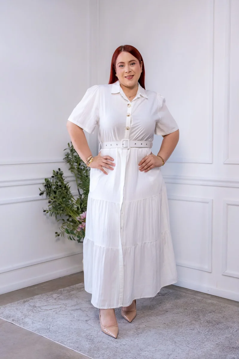Maxi Vestido Curvy Camisero Lino Algodón Blanco con Forro