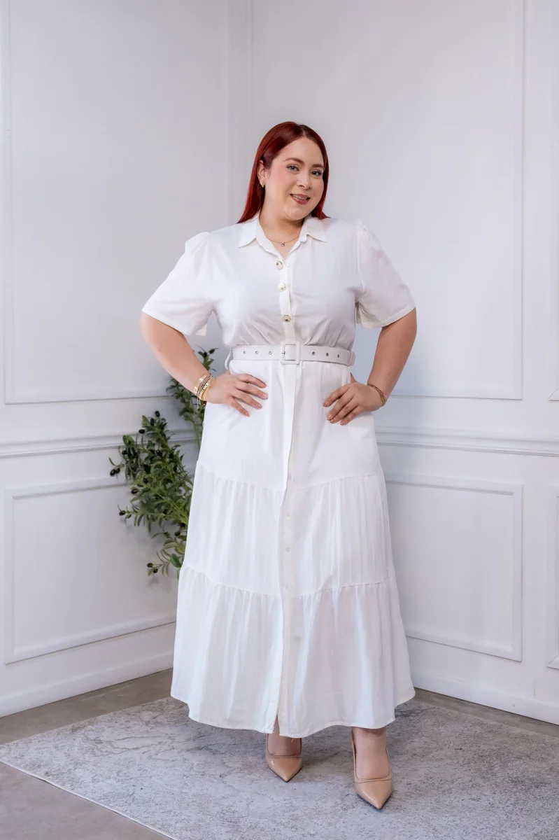 Maxi Vestido Curvy Camisero Lino Algodón Blanco con Forro - Imagen 4