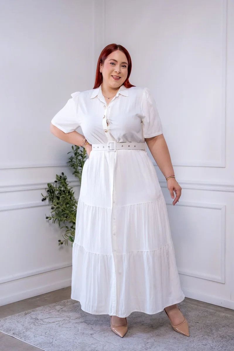 Maxi Vestido Curvy Camisero Lino Algodón Blanco con Forro - Imagen 5