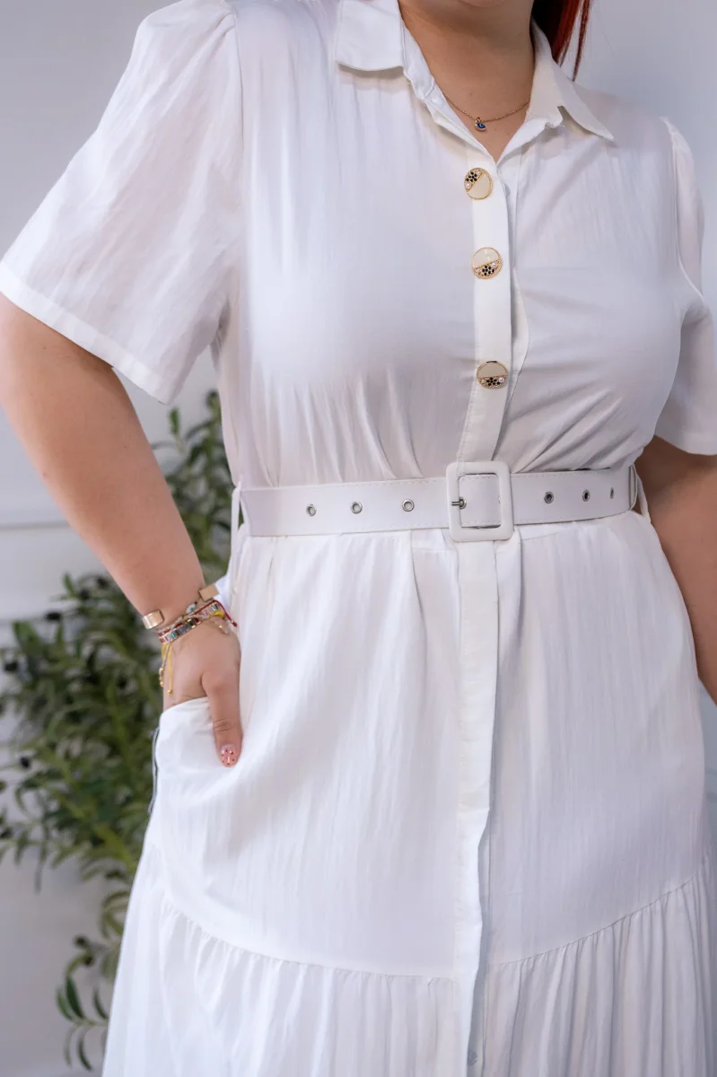Maxi Vestido Curvy Camisero Lino Algodón Blanco con Forro - Imagen 6