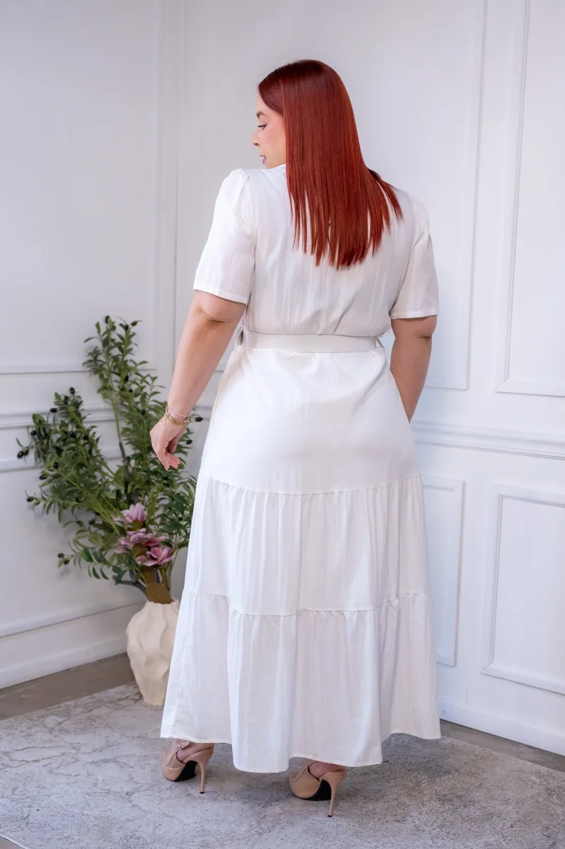 Maxi Vestido Curvy Camisero Lino Algodón Blanco con Forro - Imagen 7