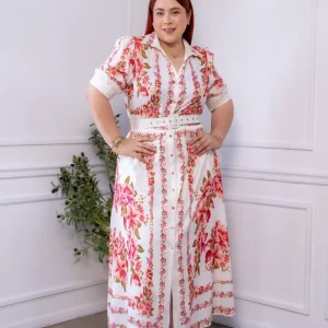 Maxi Vestido Curvy Camisero Floral Beige Femenino Elegante