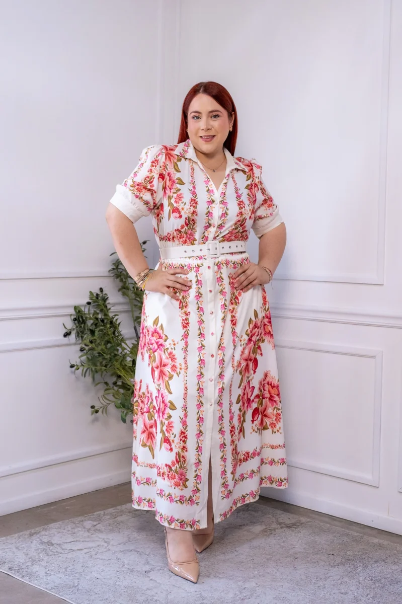 Maxi Vestido Curvy Camisero Floral Beige Femenino Elegante - Imagen 2
