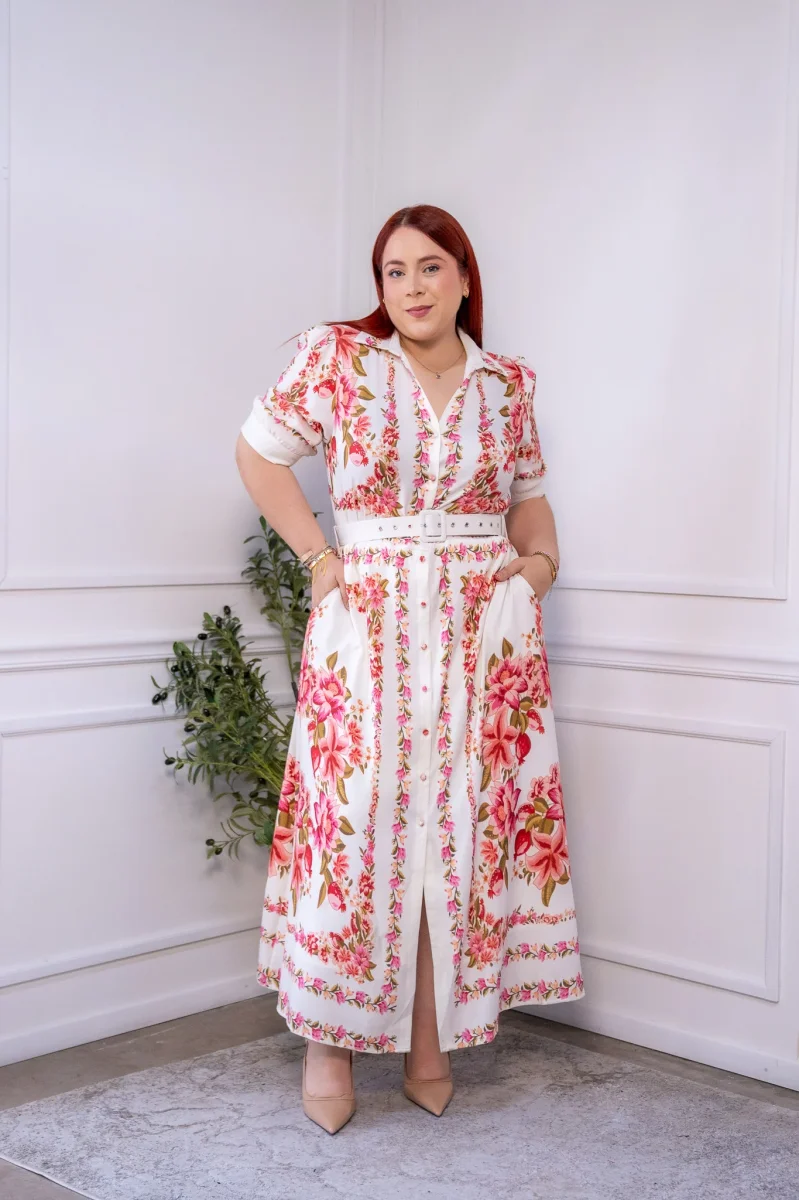 Maxi Vestido Curvy Camisero Floral Beige Femenino Elegante - Imagen 5