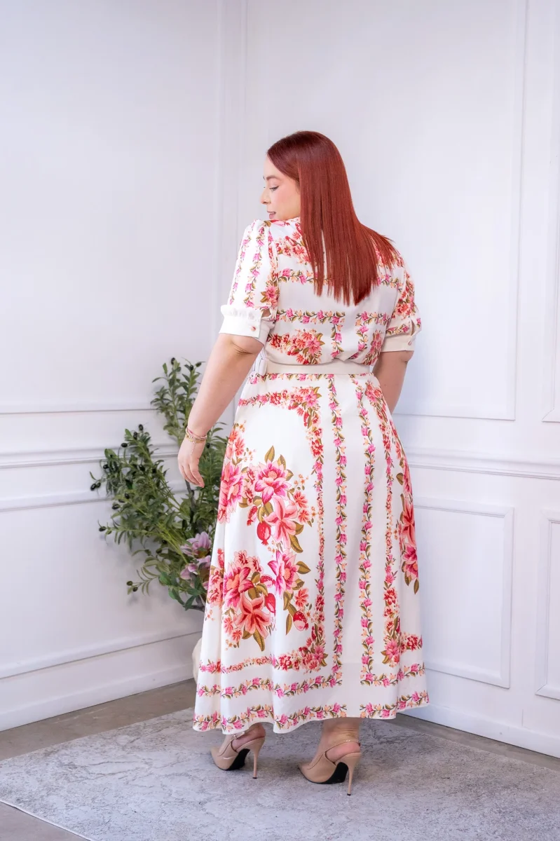 Maxi Vestido Curvy Camisero Floral Beige Femenino Elegante - Imagen 6