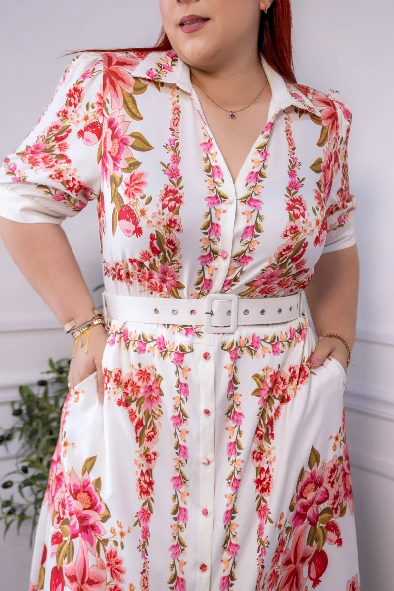 Maxi Vestido Curvy Camisero Floral Beige Femenino Elegante - Imagen 4