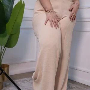 Pantalón Curvy Beige Casual Holgado Cintura Elástica con Cinto