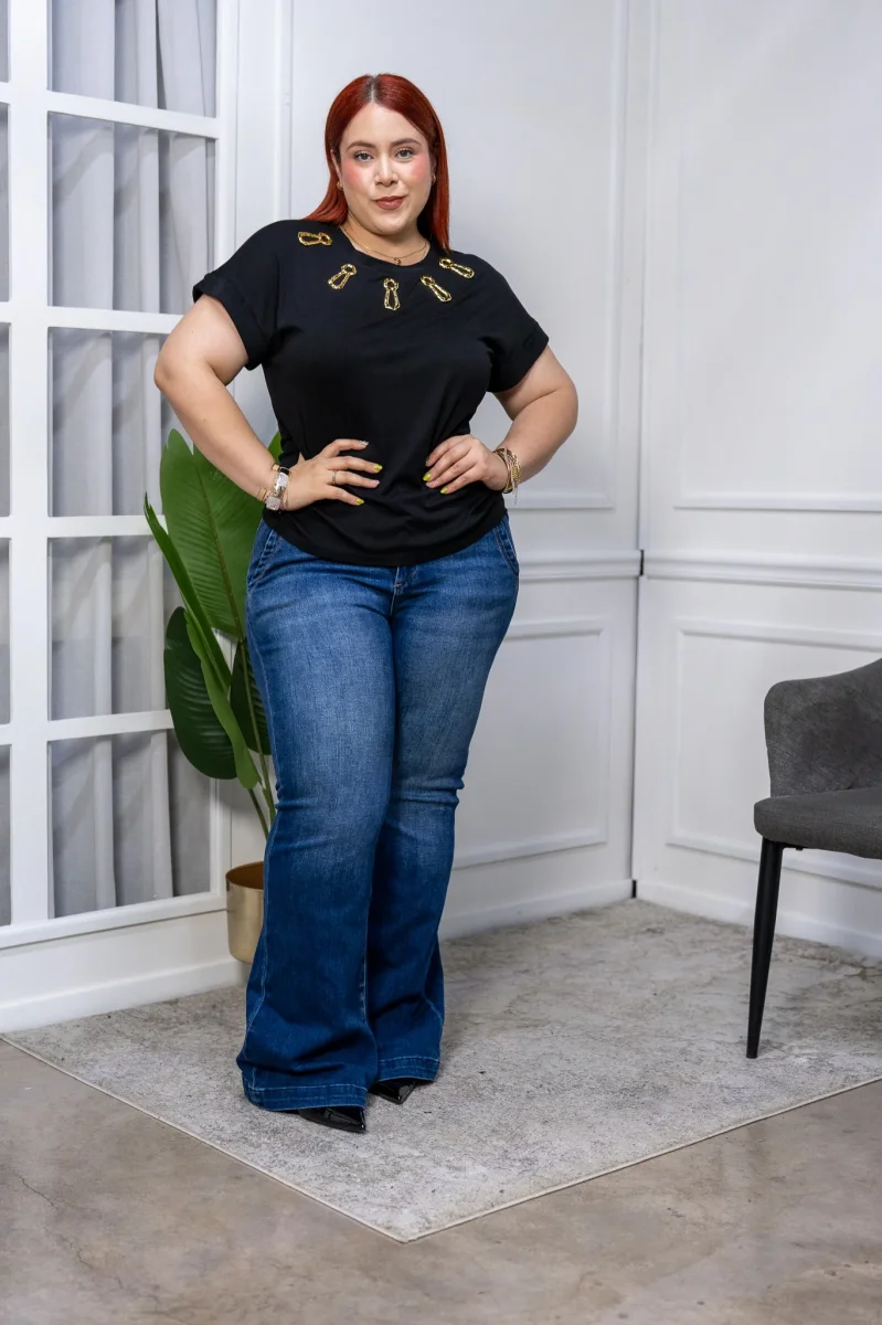 Jeans Curvy Campana Cintura Alta Super Stretch Estiliza Pierna - Imagen 4