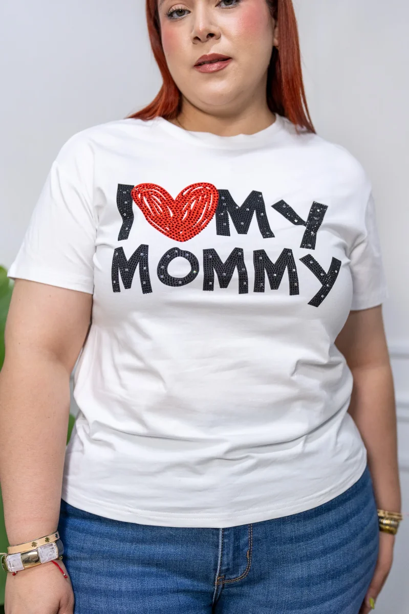 Playera Curvy I Love Mom con Brillos Blanca Regalo Mamá
