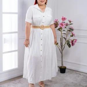 Vestido Maxi Camisero Curvy Blanco con Botones y Cinturón de Paja
