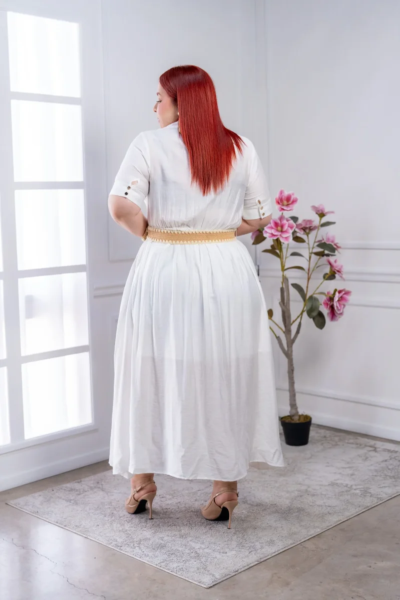 Vestido Maxi Camisero Curvy Blanco con Botones y Cinturón de Paja - Imagen 6
