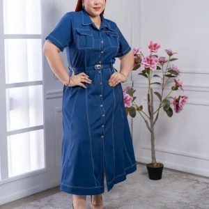 Vestido Midi Curvy Azul Denim Pespuntes Blancos con Cinturón