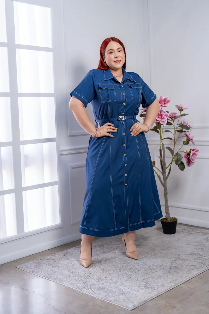 Vestido Midi Curvy Azul Denim Pespuntes Blancos con Cinturón - Imagen 5