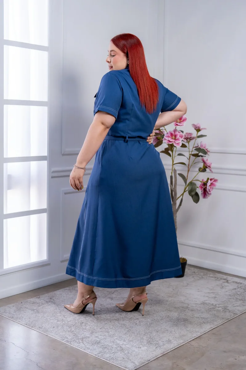 Vestido Midi Curvy Azul Denim Pespuntes Blancos con Cinturón - Imagen 9