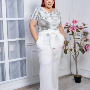 Pantalón Palazzo Blanco Curvy con Cinturón de Lazo | Tiro Alto