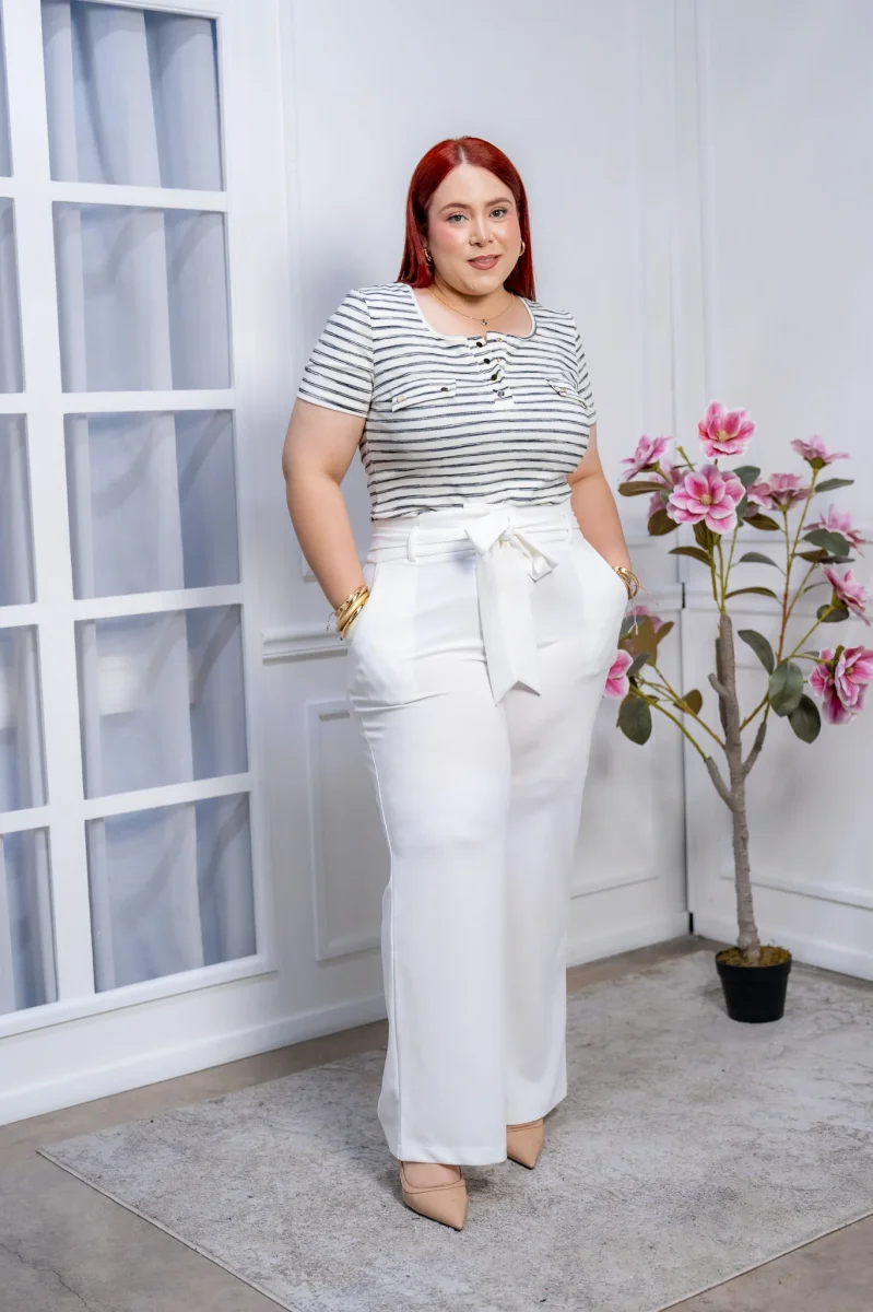 Pantalón Palazzo Blanco Curvy con Cinturón de Lazo | Tiro Alto
