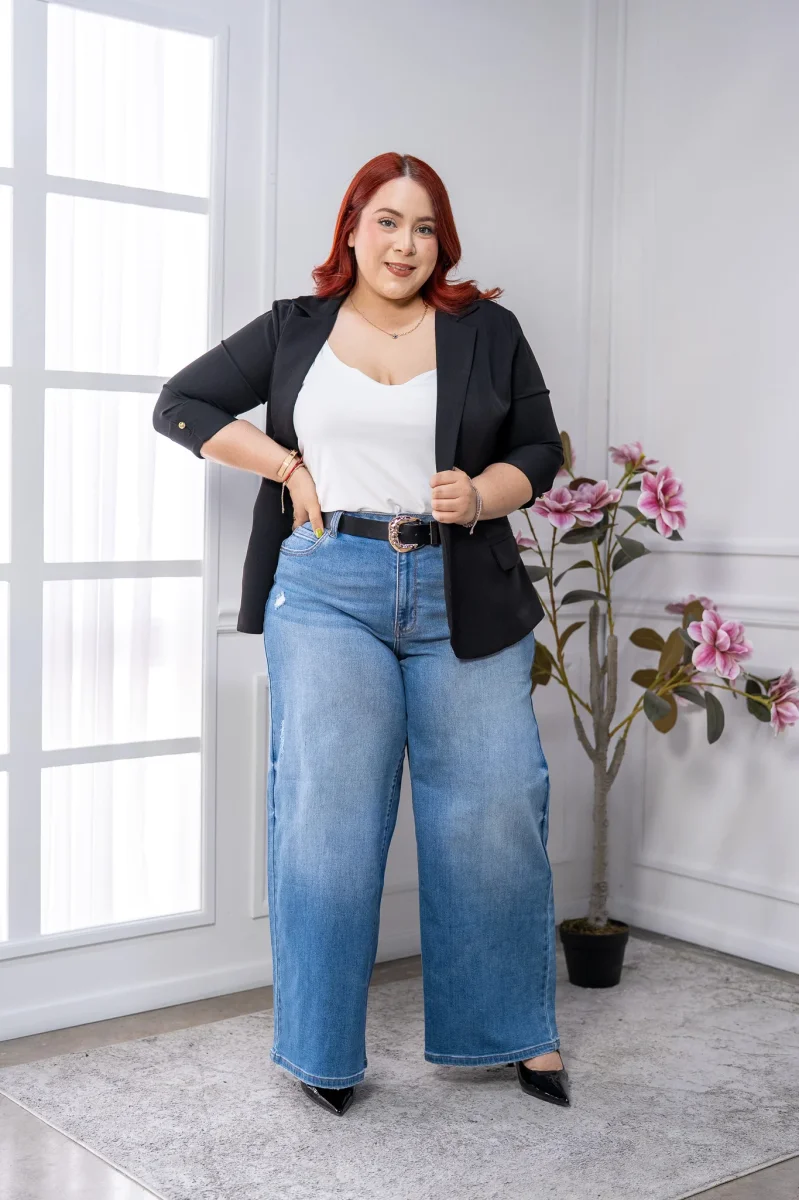 Jeans Curvy Wide Leg Rasgados Mezclilla Tiro Alto Casual Chic - Imagen 5
