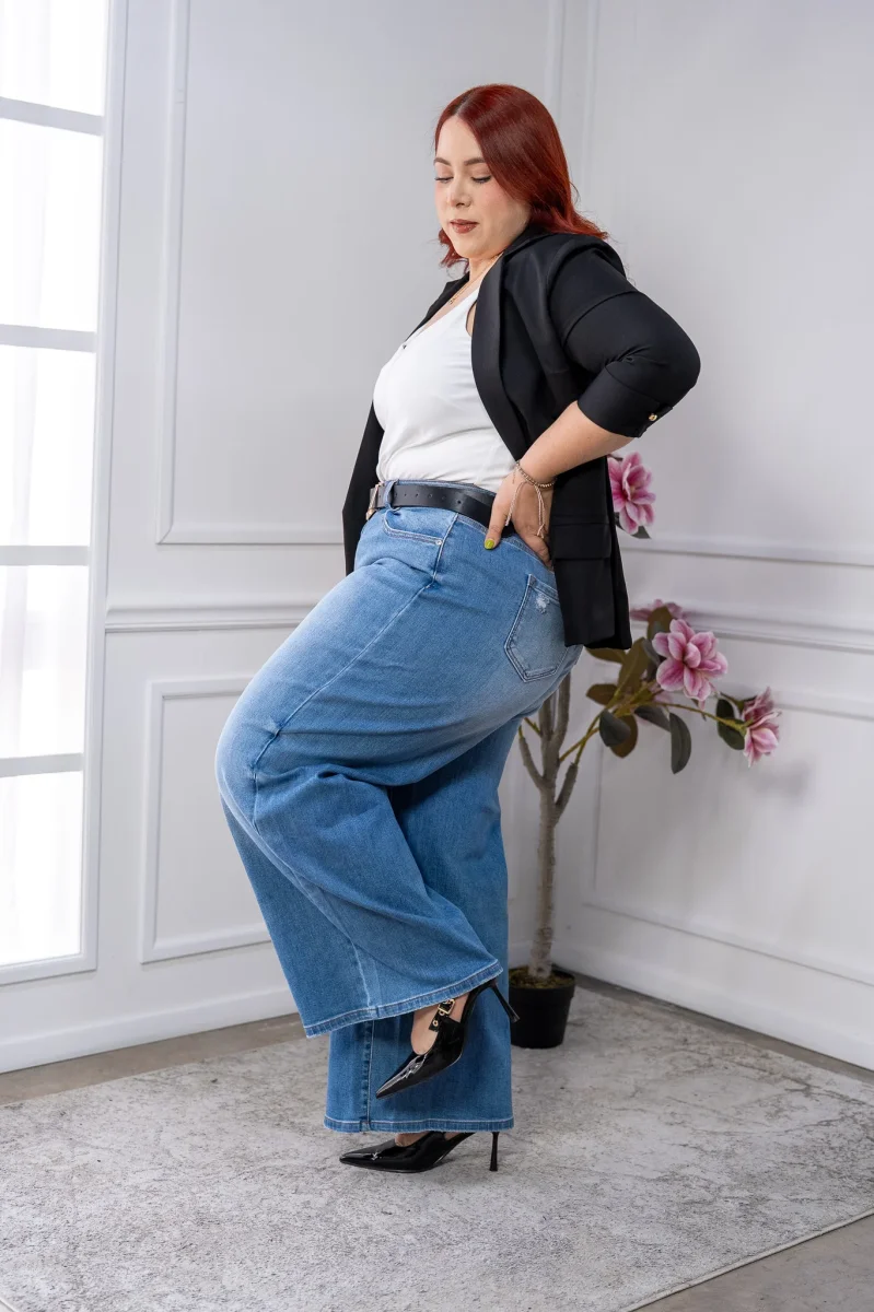 Jeans Curvy Wide Leg Rasgados Mezclilla Tiro Alto Casual Chic - Imagen 7