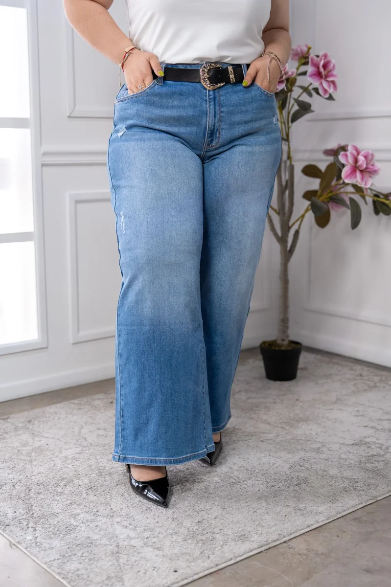 Jeans Curvy Wide Leg Rasgados Mezclilla Tiro Alto Casual Chic - Imagen 4