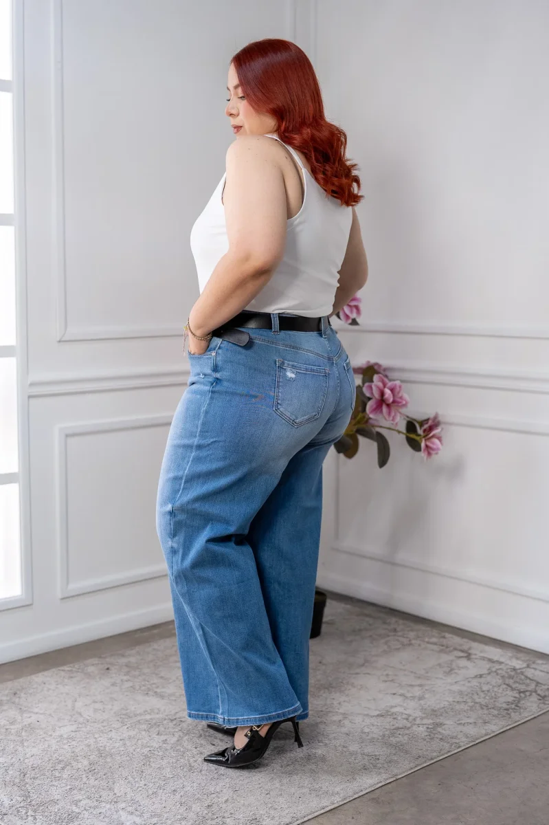 Jeans Curvy Wide Leg Rasgados Mezclilla Tiro Alto Casual Chic - Imagen 9