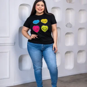 Playera Curvy Caritas Feliz Negra Talla Extra