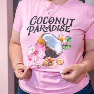 Playera Curvy Estampada Coconut Paradise Rosa Algodon Stretch