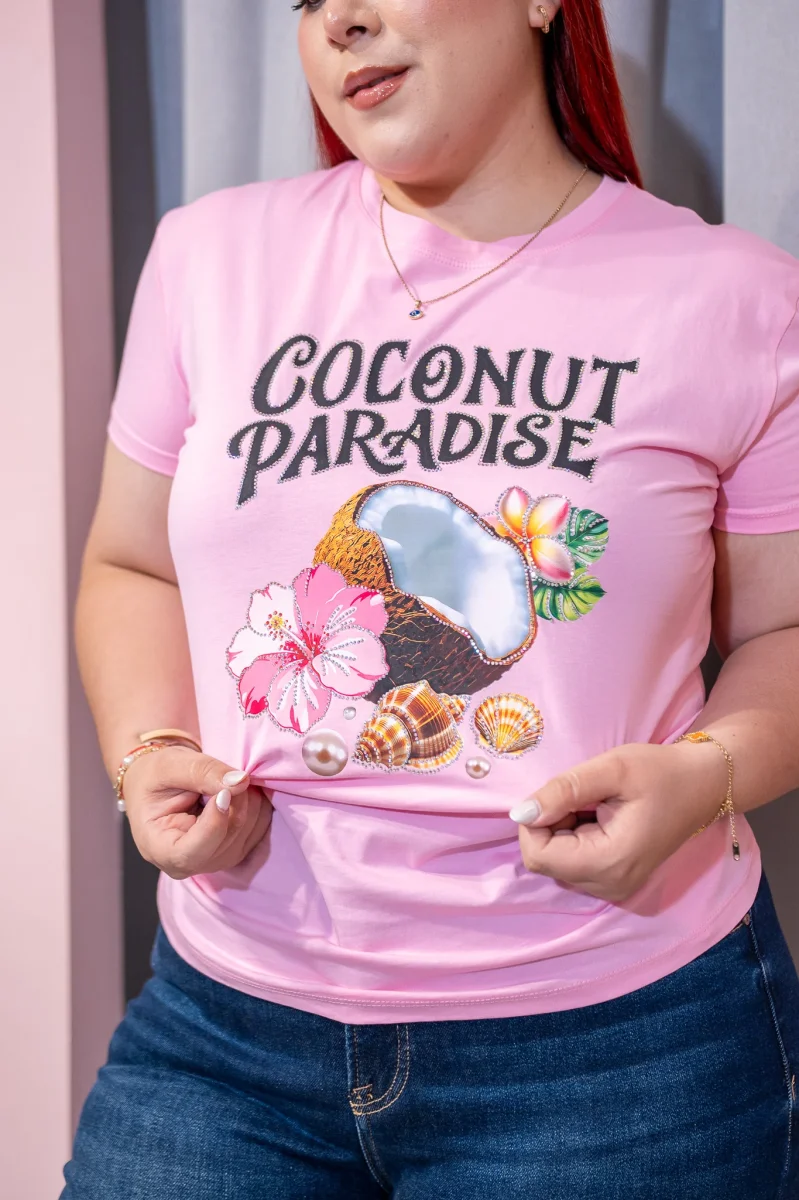 Playera Curvy Estampada Coconut Paradise Rosa Algodon Stretch - Imagen 2