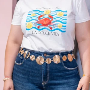Playera Curvy Estampada La Dolce Vita Cangrejo Limones Blanca