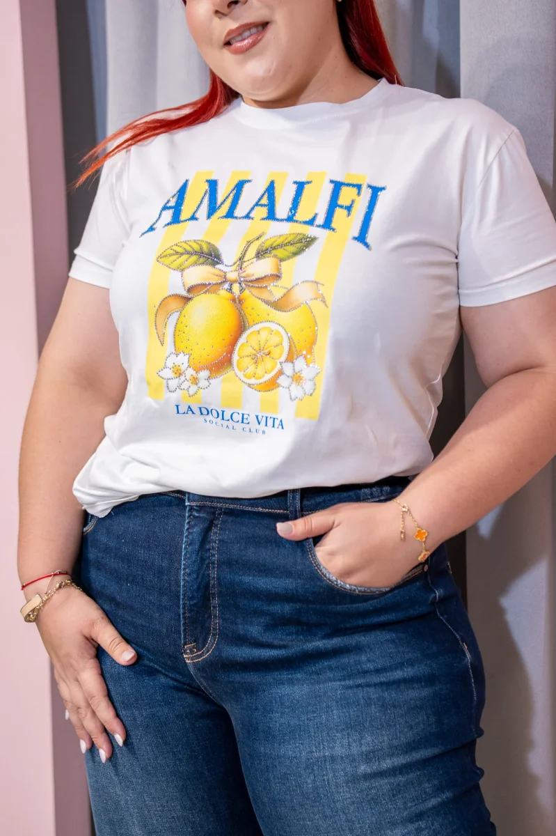 Playera Curvy Estampada Amalfi Limones Rayas Blanca Algodon - Imagen 5