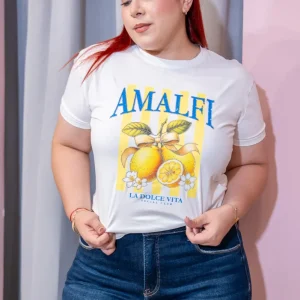 Playera Curvy Estampada Amalfi Limones Rayas Blanca Algodon