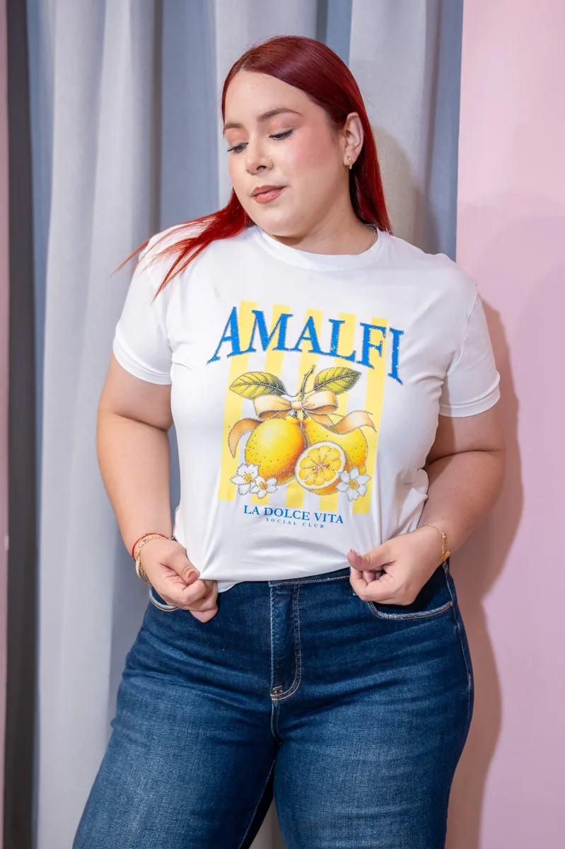 Playera Curvy Estampada Amalfi Limones Rayas Blanca Algodon