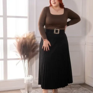 Falda Curvy Larga Plisada Gamuza Negra Premium Elegante