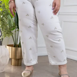 Jeans Curvy Blancos Diseño Flores Corte Barrel Tiro Alto