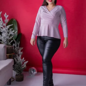 Blusa Curvy Cuello V Peplum Brillo Rosa Plus Size para Mujer