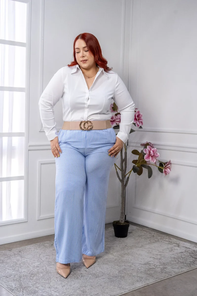 Pantalón Casual Curvy Azul de Rayas con Elástico en Cintura - Imagen 8