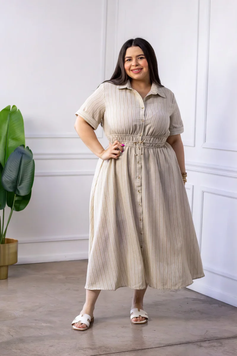 Vestido Curvy Camisero Beige Rayas Midi Jareta Ajustable - Imagen 5