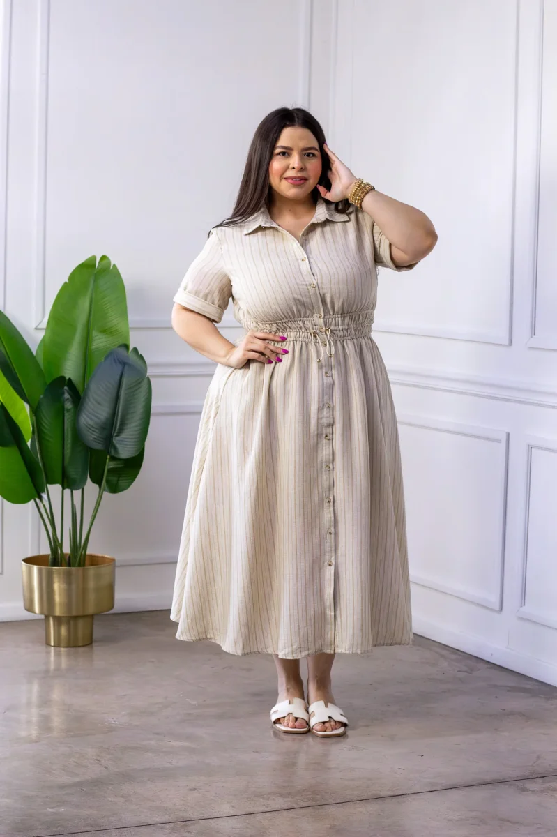 Vestido Curvy Camisero Beige Rayas Midi Jareta Ajustable - Imagen 6