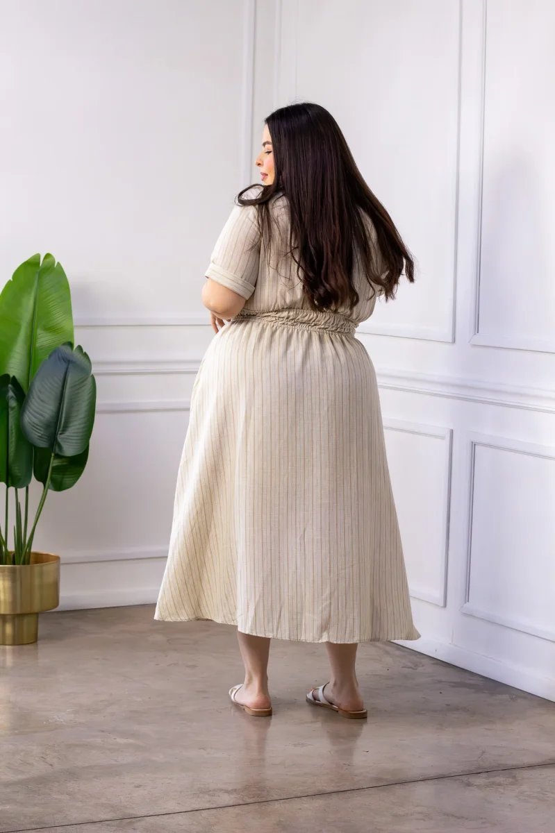 Vestido Curvy Camisero Beige Rayas Midi Jareta Ajustable - Imagen 7