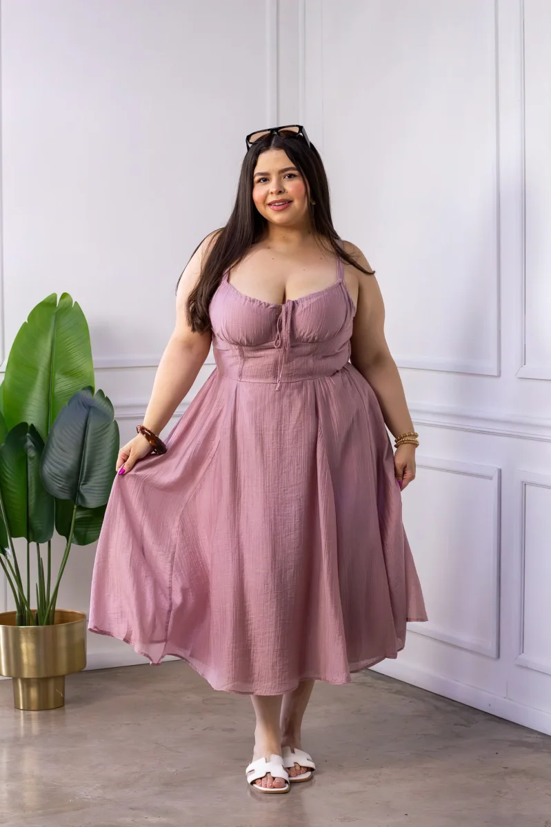 Vestido Curvy Midi Rosa Palo Tirantes Lazo Frente - Imagen 5