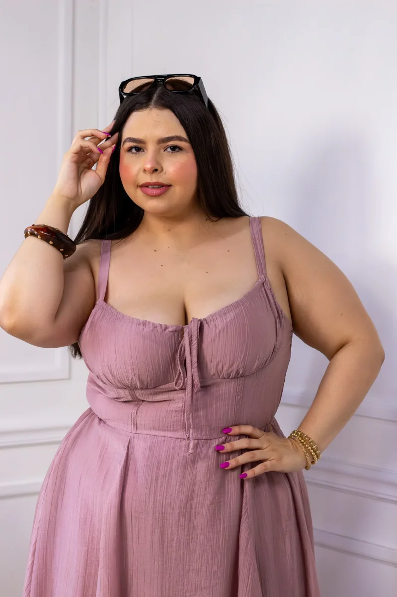 Vestido Curvy Midi Rosa Palo Tirantes Lazo Frente - Imagen 4