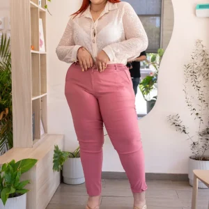 Pantalón Curvy Vestir Rosa con Cinto Fino Realza Glúteos
