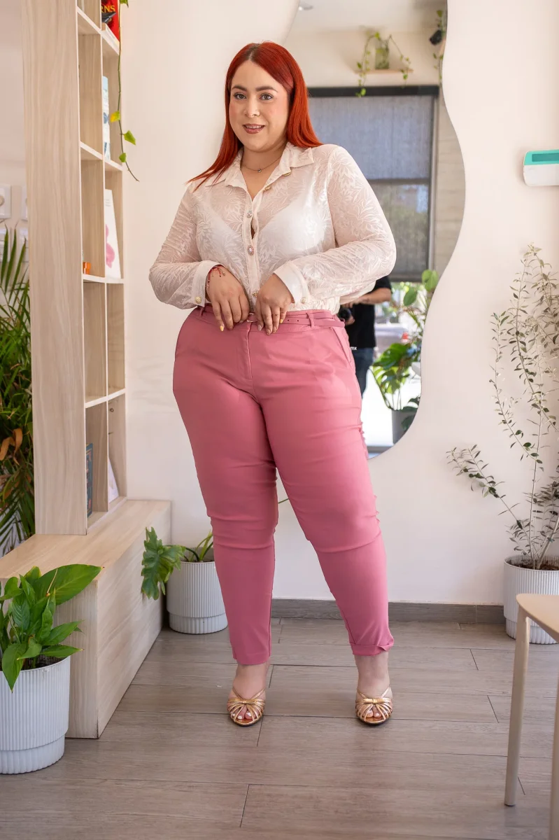 Pantalón Curvy Vestir Rosa con Cinto Fino Realza Glúteos - Imagen 2