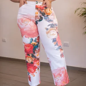 Jeans Curvy Recto Print Flores Cintura Alta Estampado Blanco