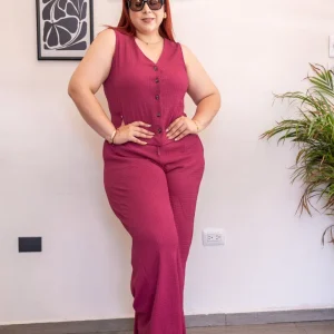 Set Curvy Pantalón y Chaleco Tejido Canalado Magenta
