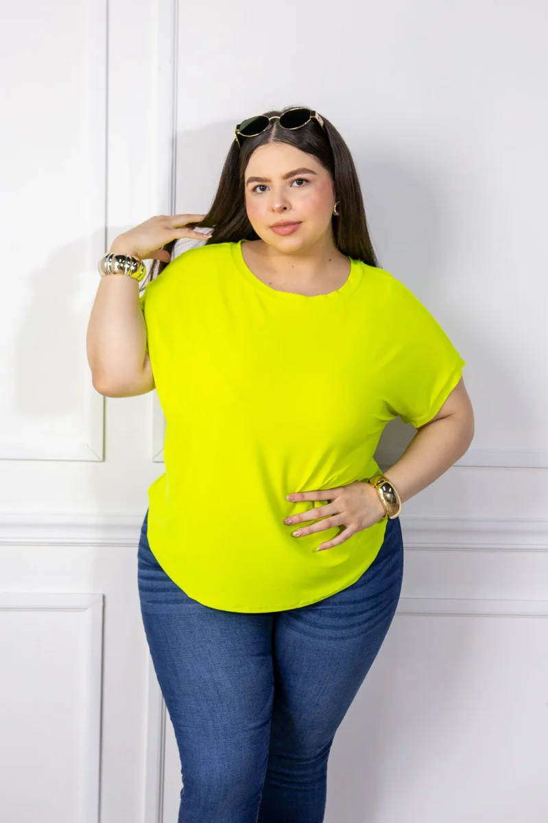 Blusa Curvy Licra Cuello Redondo Manga Corta Amarillo Limón - Imagen 8