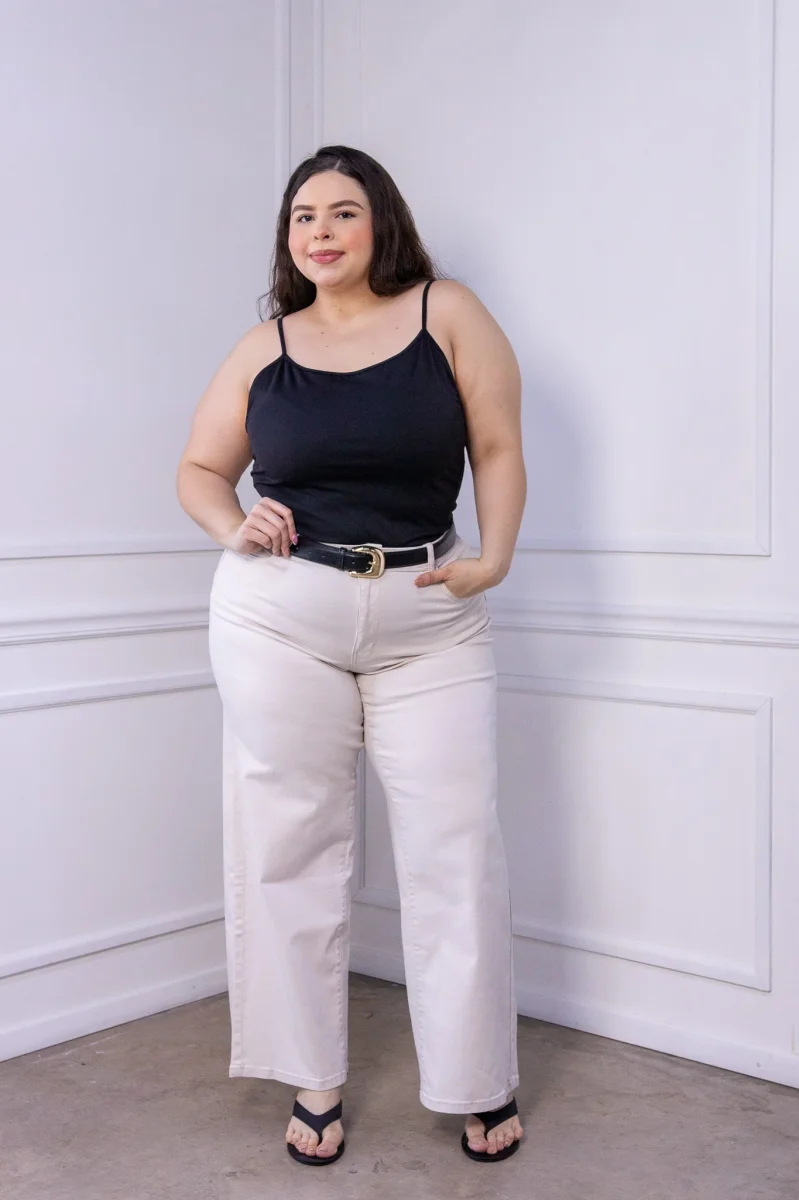 Jeans Curvy Campana Cintura Alta Color Hueso - Imagen 2