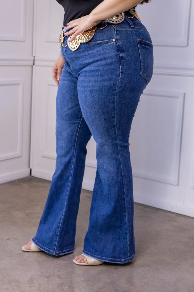 Jeans Curvy Bell Bottom Campana Deslavado Cintura Alta Azul - Imagen 7