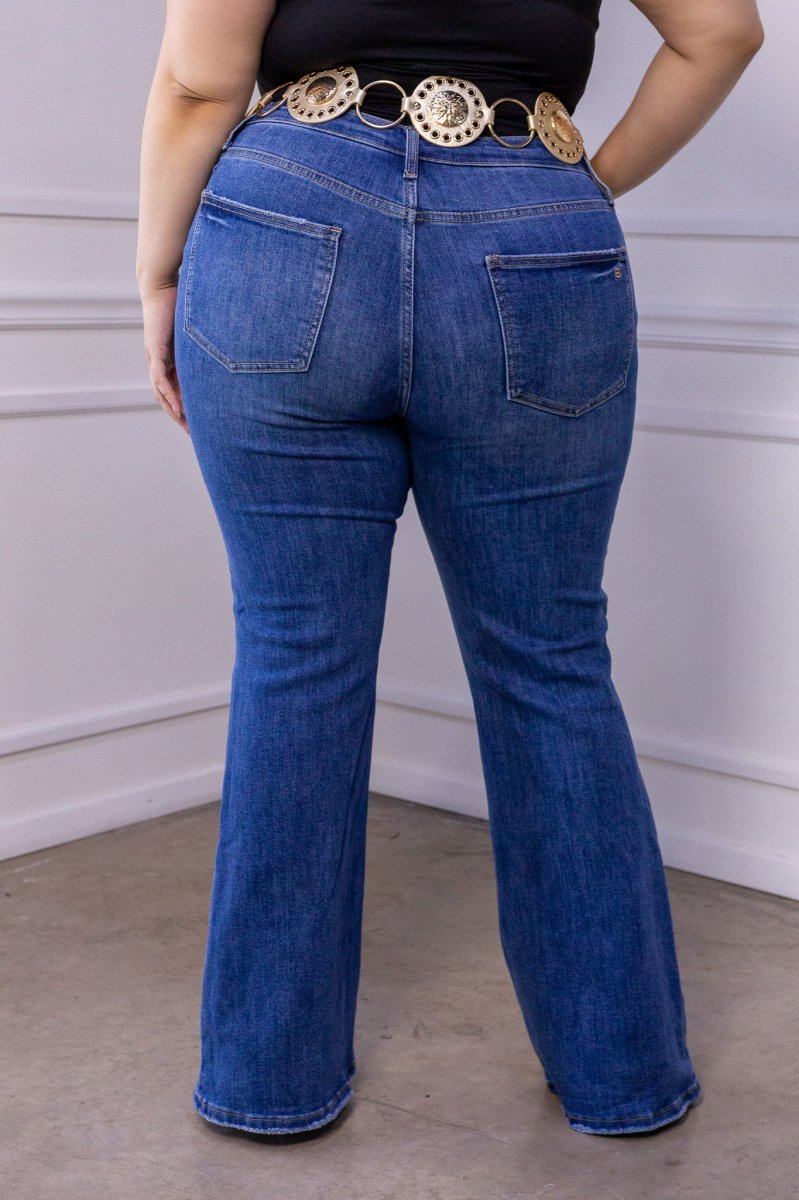 Jeans Curvy Bell Bottom Campana Deslavado Cintura Alta Azul - Imagen 9
