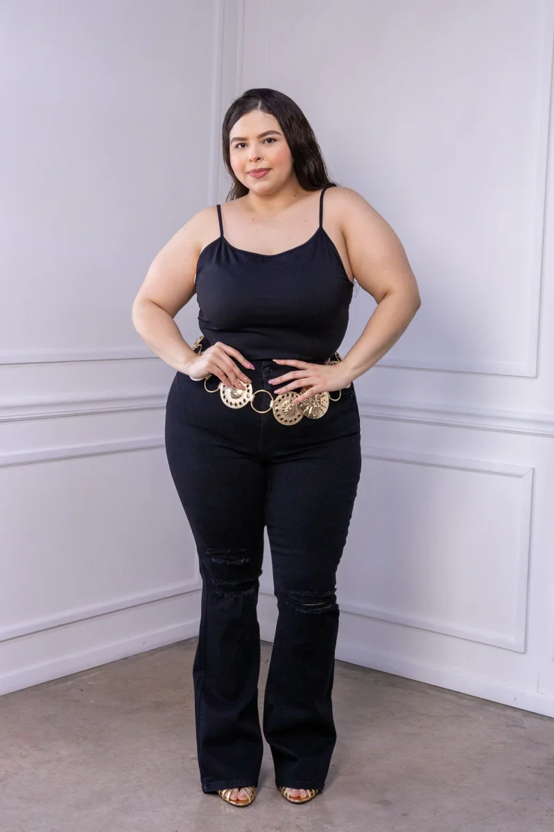 Jeans Curvy Flare Rasgado Negro Tiro Alto Stretch Clásico - Imagen 2